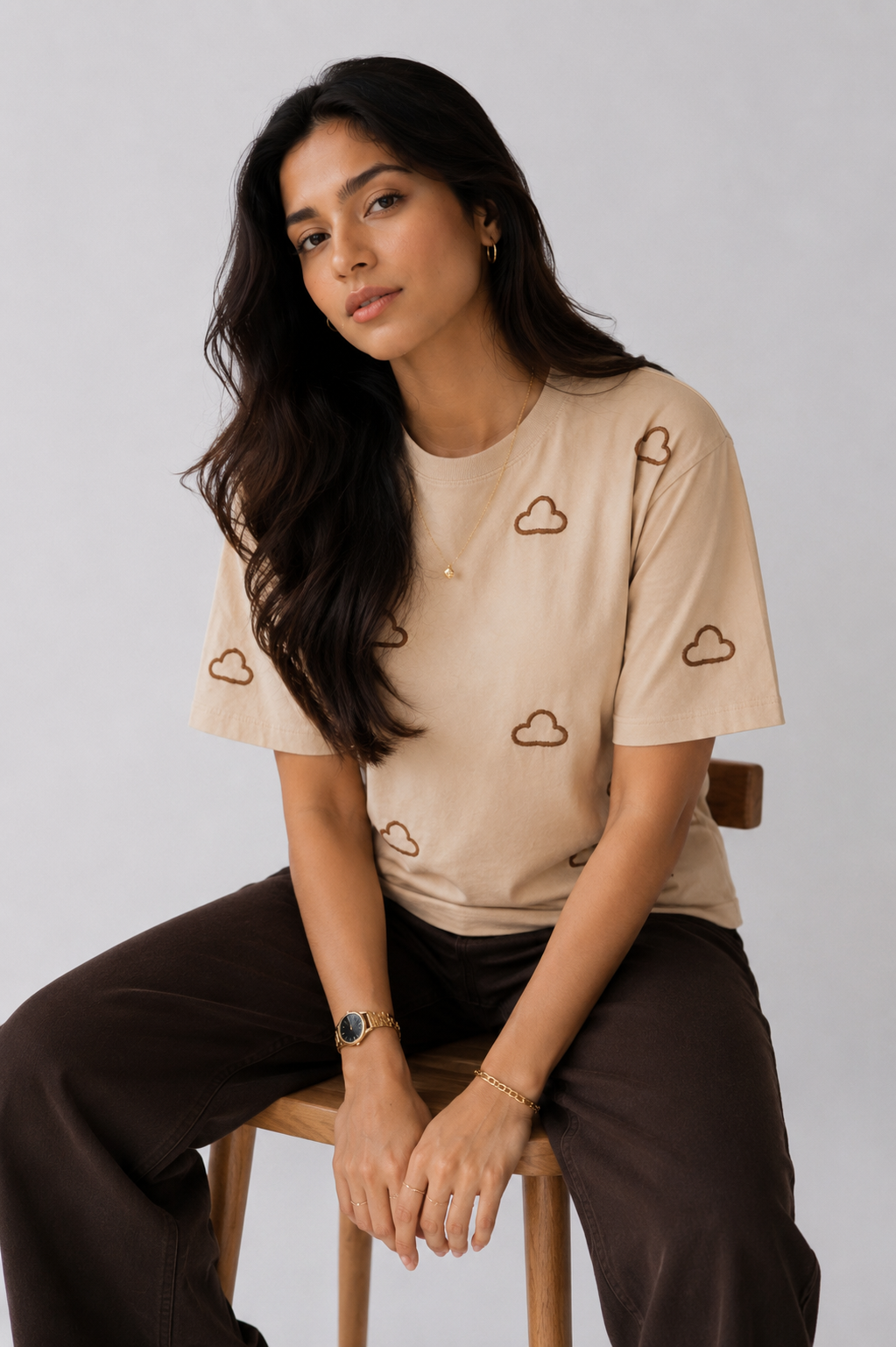 Beige Cloud Embroidery Tee