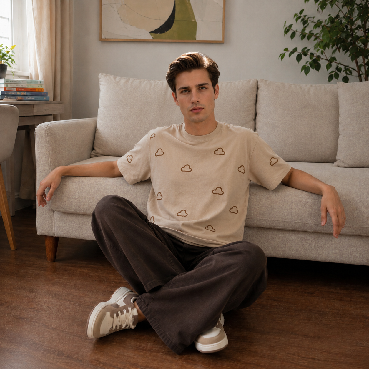 Beige Cloud Embroidery Tee